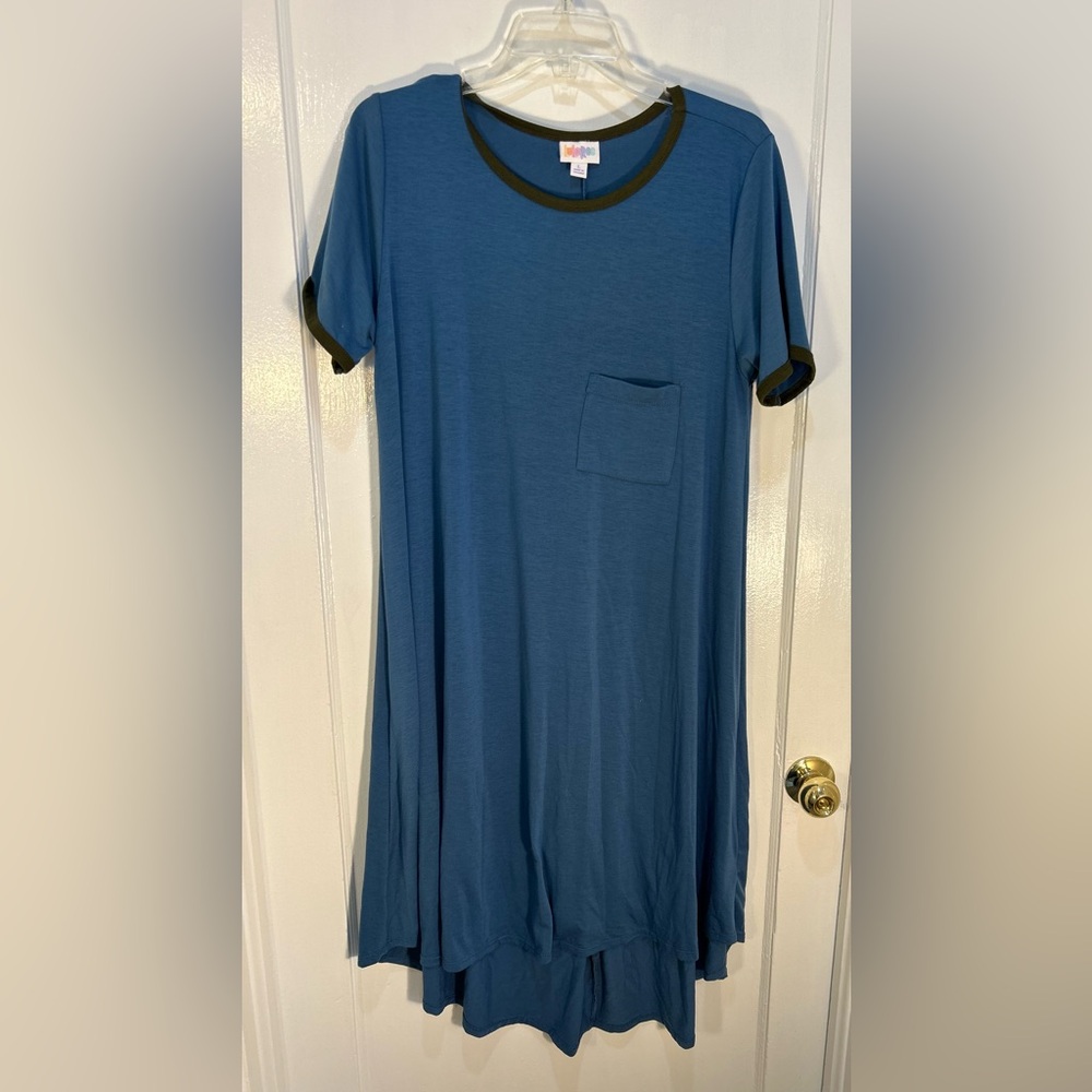 LuLaRoe Women's L Blue T-shirt Dress With Black Trim Breast Pocket Hi/Lo Hem